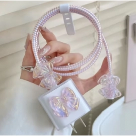 3D Pink Bow Cable Charger Protector Cover For IPhone IPad 18W 20W Original Charger New Data Line Spiral Winder Protective