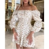 Off Shoulder Ruffle Hem Ditsy Floral Print Dress Slash Neck Long Sleeves Elegant Dresses for Women