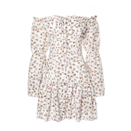 Off Shoulder Ruffle Hem Ditsy Floral Print Dress Slash Neck Long Sleeves Elegant Dresses for Women